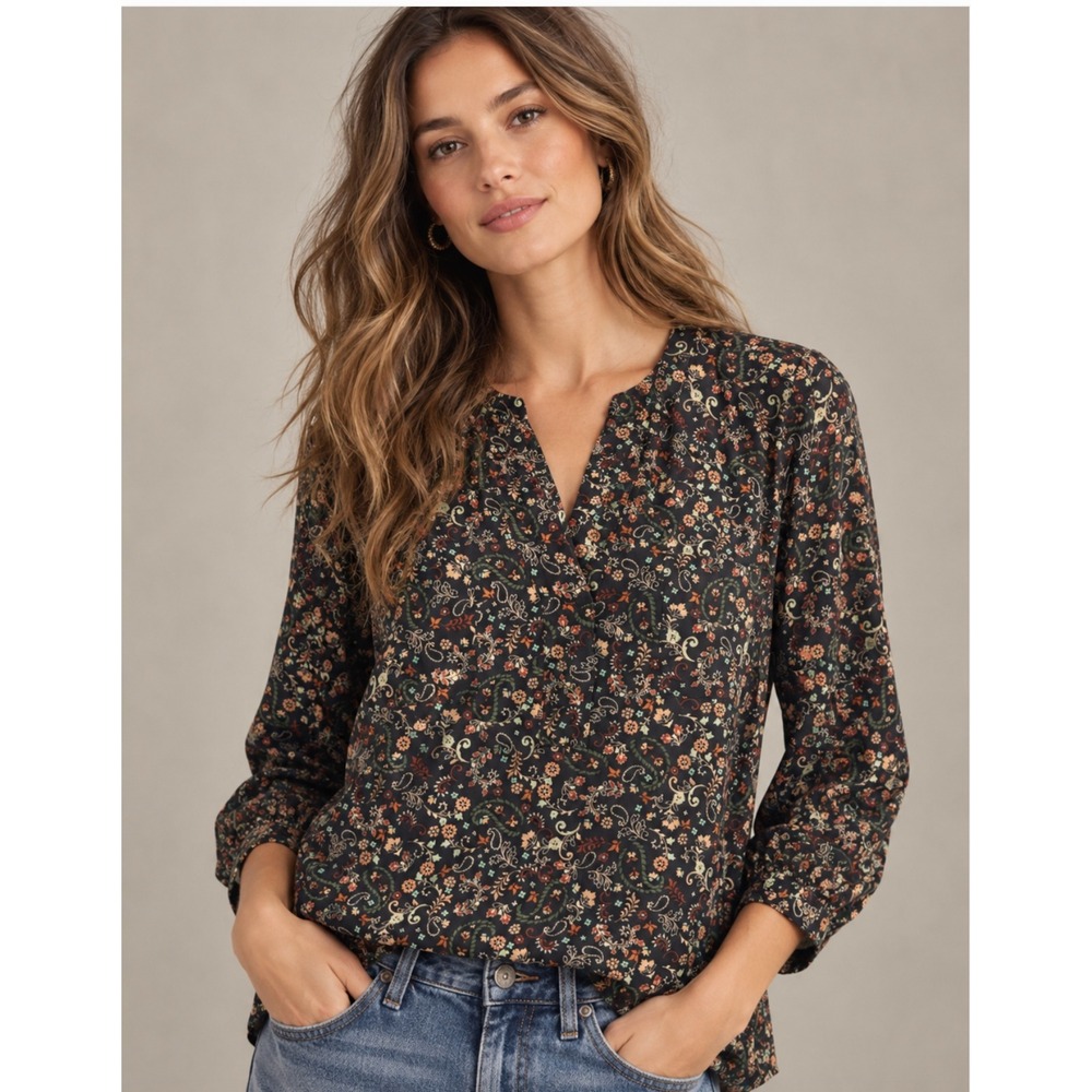 Christopher & Banks Floral Paisley Blouse XL Earthy V-Neck Boho Cottagecore Top